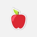 Red apple with stem and leaf. Cartoon sticker in comics style with contour. Element of education illustration.